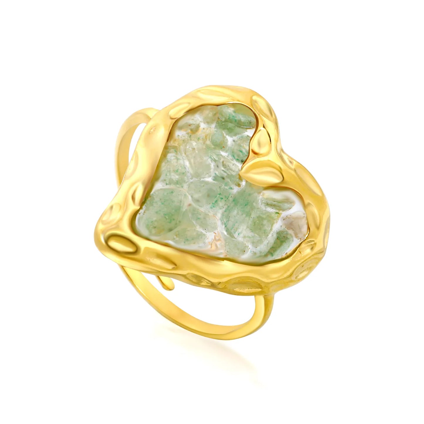 6 Colors Heart Shape Natural Crystal Chip Adjustable Open Ring | 18.7mm Irregular Gemstone Center | US Size 7 Adjustable Fit | 18K Gold Plated Hypoallergenic Stainless Steel Love Statement Ring Wholesale Bulk Supply