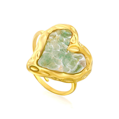 6 Colors Heart Shape Natural Crystal Chip Adjustable Open Ring | 18.7mm Irregular Gemstone Center | US Size 7 Adjustable Fit | 18K Gold Plated Hypoallergenic Stainless Steel Love Statement Ring Wholesale Bulk Supply