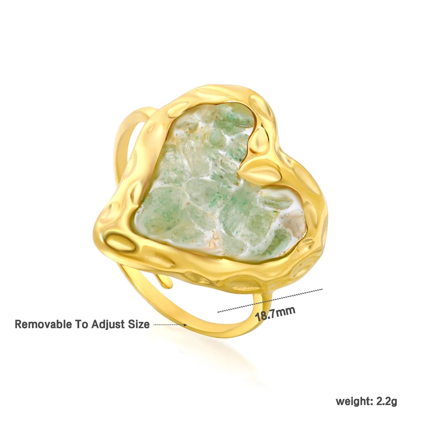 6 Colors Heart Shape Natural Crystal Chip Adjustable Open Ring | 18.7mm Irregular Gemstone Center | US Size 7 Adjustable Fit | 18K Gold Plated Hypoallergenic Stainless Steel Love Statement Ring Wholesale Bulk Supply