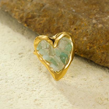 6 Colors Heart Shape Natural Crystal Chip Adjustable Open Ring | 18.7mm Irregular Gemstone Center | US Size 7 Adjustable Fit | 18K Gold Plated Hypoallergenic Stainless Steel Love Statement Ring Wholesale Bulk Supply