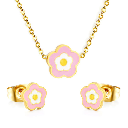 Three-Colored Enamel Flower Matching Jewelry Set Necklace & Stud Earrings | Kids Floral Accessory Kit Wholesale