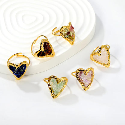 6 Colors Heart Shape Natural Crystal Chip Adjustable Open Ring | 18.7mm Irregular Gemstone Center | US Size 7 Adjustable Fit | 18K Gold Plated Hypoallergenic Stainless Steel Love Statement Ring Wholesale Bulk Supply