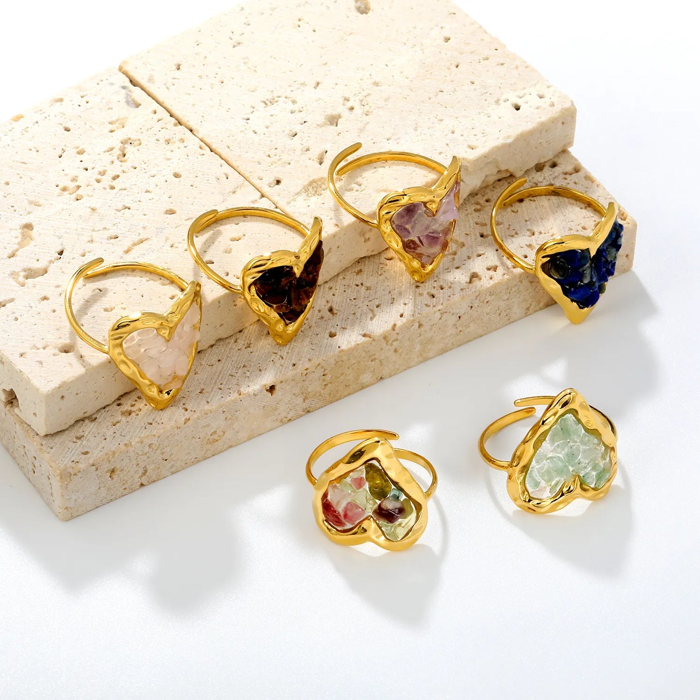 6 Colors Heart Shape Natural Crystal Chip Adjustable Open Ring | 18.7mm Irregular Gemstone Center | US Size 7 Adjustable Fit | 18K Gold Plated Hypoallergenic Stainless Steel Love Statement Ring Wholesale Bulk Supply