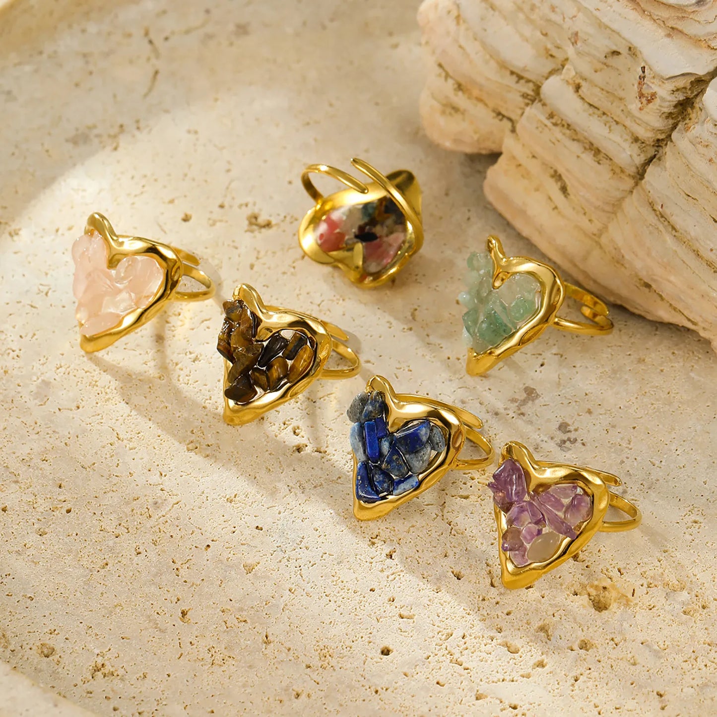 6 Colors Heart Shape Natural Crystal Chip Adjustable Open Ring | 18.7mm Irregular Gemstone Center | US Size 7 Adjustable Fit | 18K Gold Plated Hypoallergenic Stainless Steel Love Statement Ring Wholesale Bulk Supply