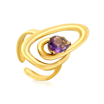 Abstract Multi-Layer Oval Swirl Open Cuff Ring with Pear Shape Amethyst Crystal | US Size 7 Adjustable Wrap Finger Ring | 18K Gold Plated Stainless Steel Artistic Cocktail Ring Wholesale Bulk Supply
