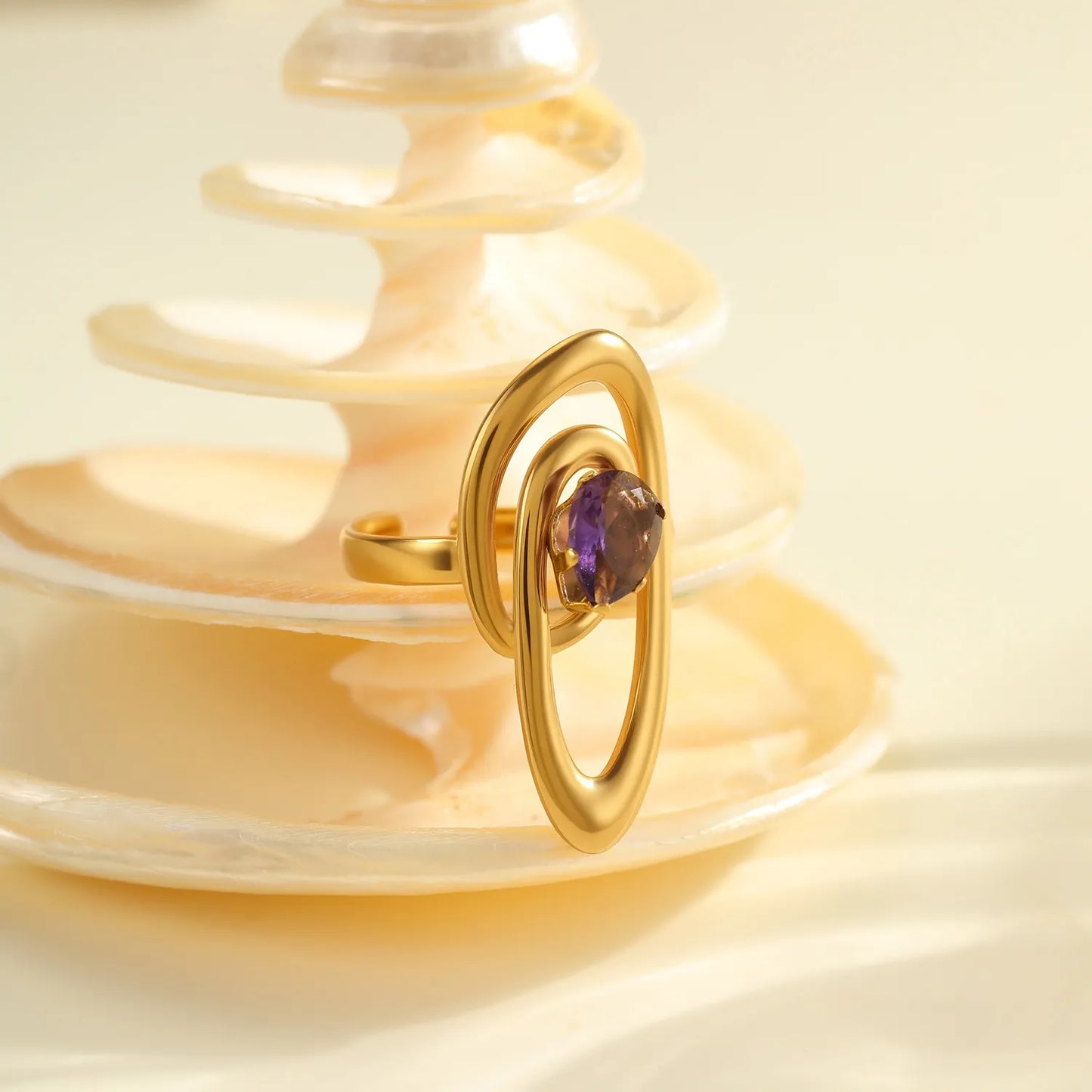 Abstract Multi-Layer Oval Swirl Open Cuff Ring with Pear Shape Amethyst Crystal | US Size 7 Adjustable Wrap Finger Ring | 18K Gold Plated Stainless Steel Artistic Cocktail Ring Wholesale Bulk Supply