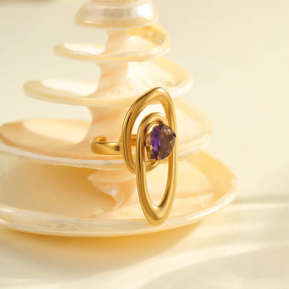 Abstract Multi-Layer Oval Swirl Open Cuff Ring with Pear Shape Amethyst Crystal | US Size 7 Adjustable Wrap Finger Ring | 18K Gold Plated Stainless Steel Artistic Cocktail Ring Wholesale Bulk Supply