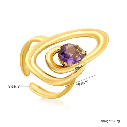 Abstract Multi-Layer Oval Swirl Open Cuff Ring with Pear Shape Amethyst Crystal | US Size 7 Adjustable Wrap Finger Ring | 18K Gold Plated Stainless Steel Artistic Cocktail Ring Wholesale Bulk Supply