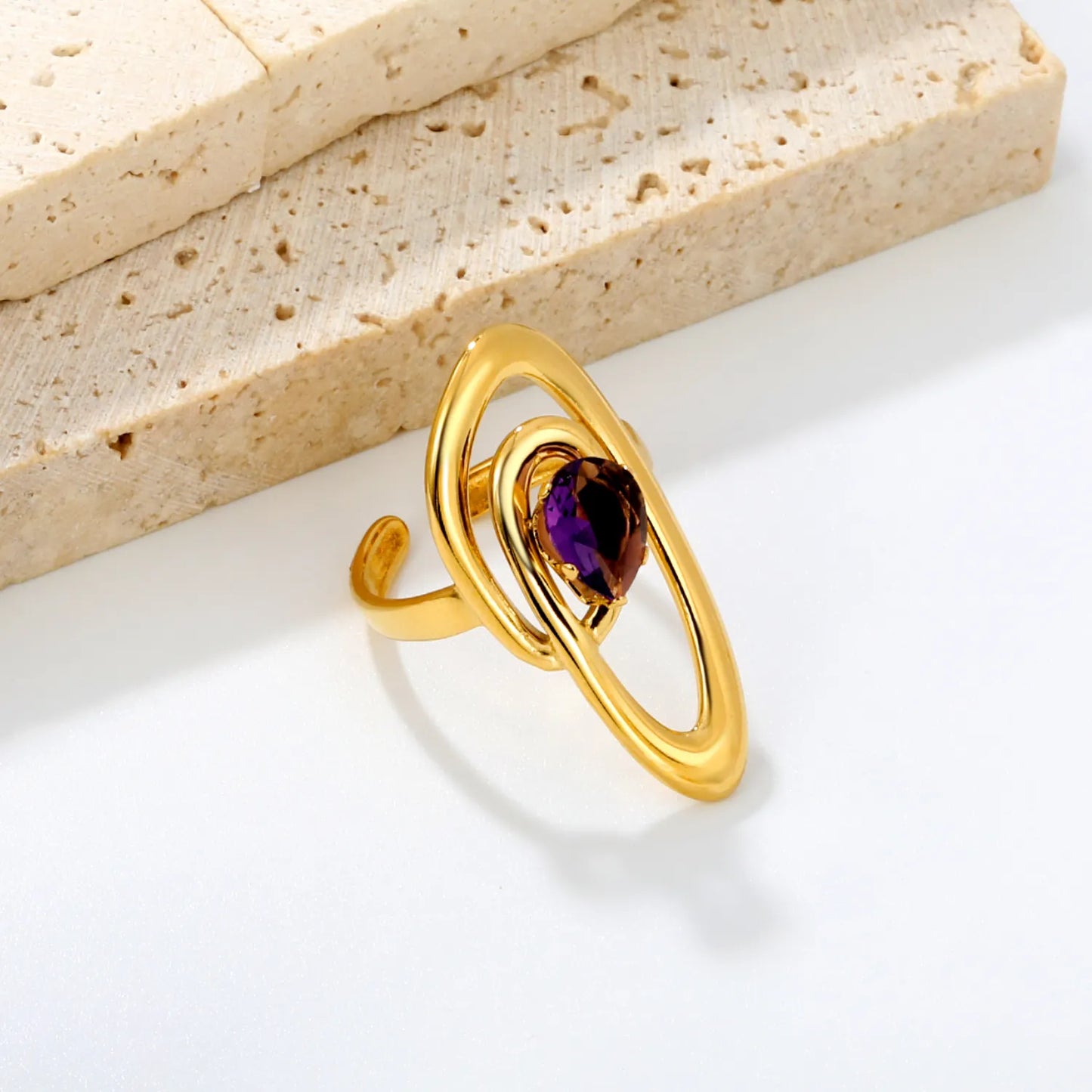 Abstract Multi-Layer Oval Swirl Open Cuff Ring with Pear Shape Amethyst Crystal | US Size 7 Adjustable Wrap Finger Ring | 18K Gold Plated Stainless Steel Artistic Cocktail Ring Wholesale Bulk Supply