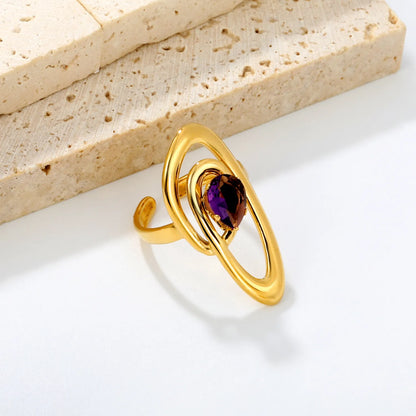 Abstract Multi-Layer Oval Swirl Open Cuff Ring with Pear Shape Amethyst Crystal | US Size 7 Adjustable Wrap Finger Ring | 18K Gold Plated Stainless Steel Artistic Cocktail Ring Wholesale Bulk Supply