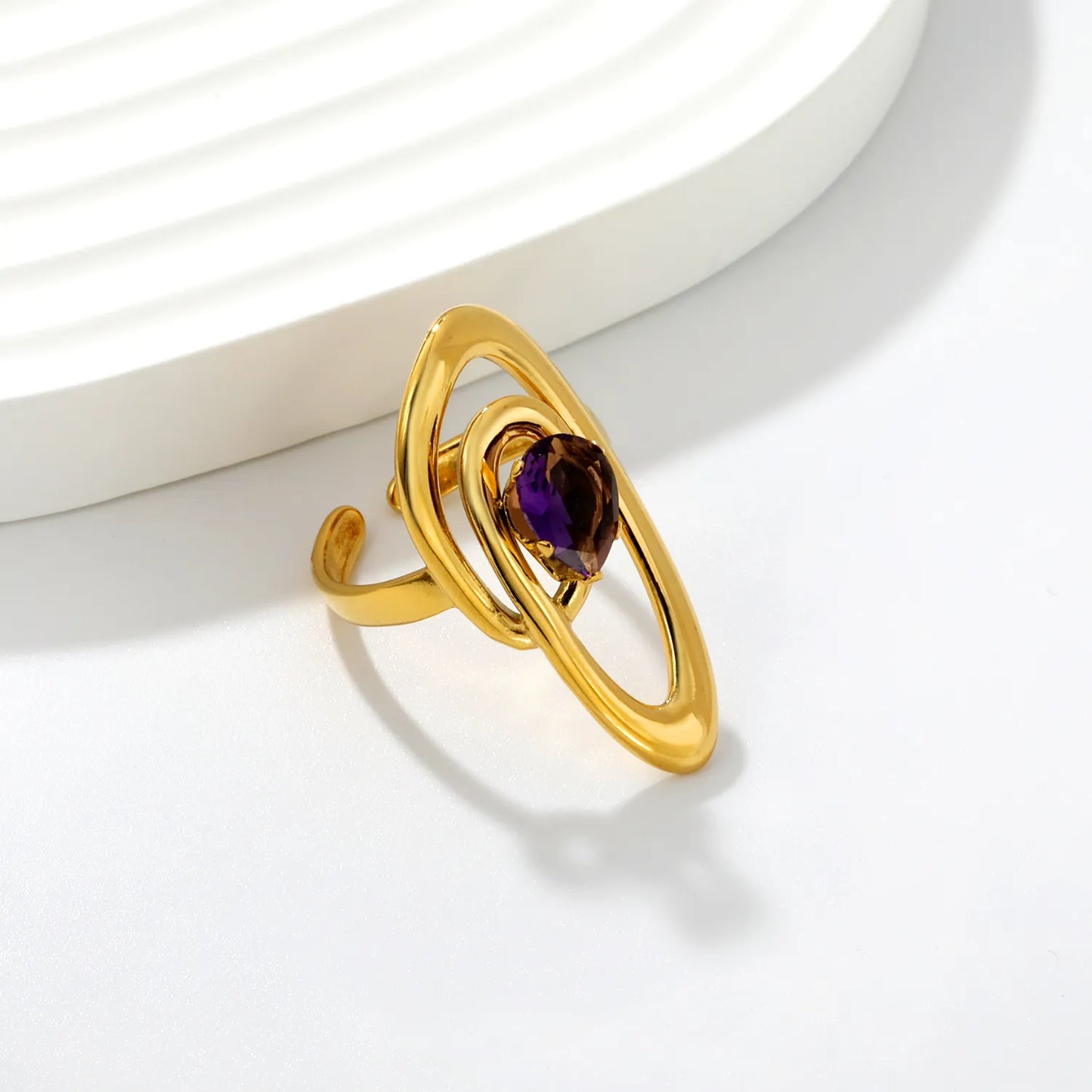Abstract Multi-Layer Oval Swirl Open Cuff Ring with Pear Shape Amethyst Crystal | US Size 7 Adjustable Wrap Finger Ring | 18K Gold Plated Stainless Steel Artistic Cocktail Ring Wholesale Bulk Supply