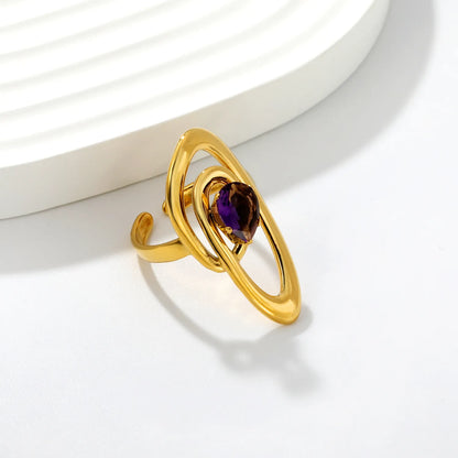 Abstract Multi-Layer Oval Swirl Open Cuff Ring with Pear Shape Amethyst Crystal | US Size 7 Adjustable Wrap Finger Ring | 18K Gold Plated Stainless Steel Artistic Cocktail Ring Wholesale Bulk Supply