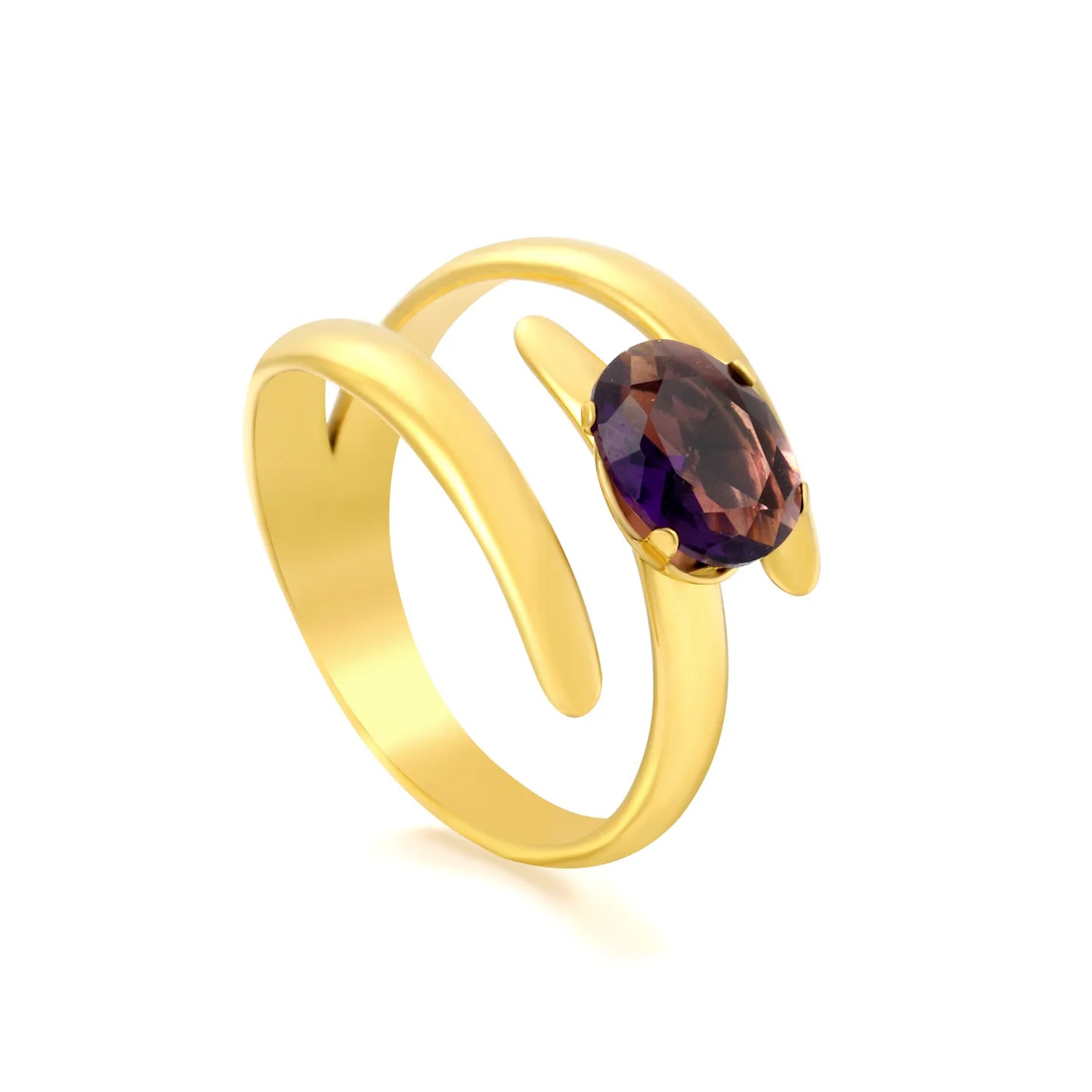 wist Wrap Open Ring with Oval Amethyst Crystal | US Size 7 | 18K Gold Plated Hypoallergenic Stainless Steel Minimalist Statement Ring