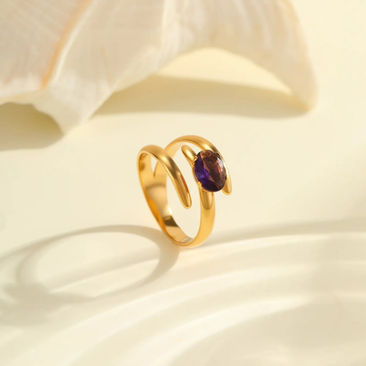 wist Wrap Open Ring with Oval Amethyst Crystal | US Size 7 | 18K Gold Plated Hypoallergenic Stainless Steel Minimalist Statement Ring