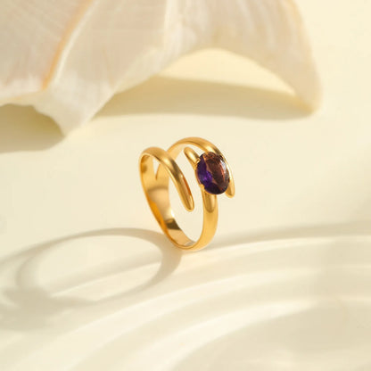 wist Wrap Open Ring with Oval Amethyst Crystal | US Size 7 | 18K Gold Plated Hypoallergenic Stainless Steel Minimalist Statement Ring