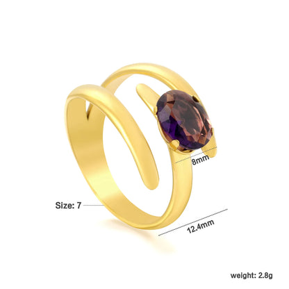wist Wrap Open Ring with Oval Amethyst Crystal | US Size 7 | 18K Gold Plated Hypoallergenic Stainless Steel Minimalist Statement Ring