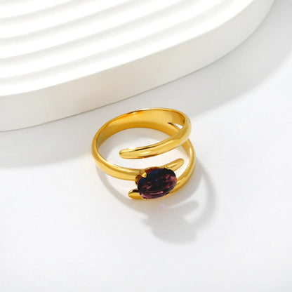 wist Wrap Open Ring with Oval Amethyst Crystal | US Size 7 | 18K Gold Plated Hypoallergenic Stainless Steel Minimalist Statement Ring