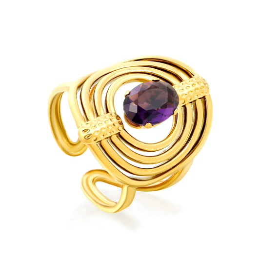 Multi-Layer Spiral Oval Amethyst Open Cuff Statement Ring | 8mm Oval Purple Crystal Center Stone | US Size 7 Base Adjustable Wrap Ring