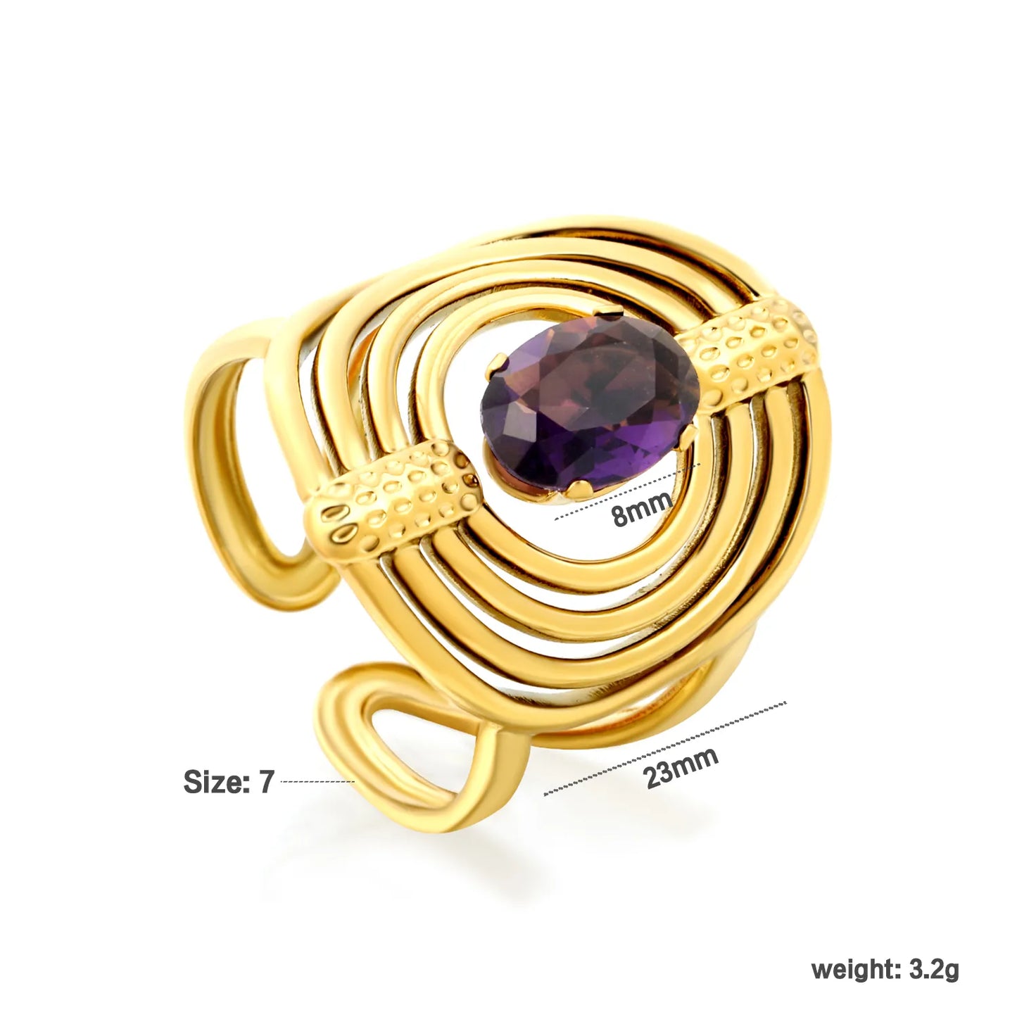 Multi-Layer Spiral Oval Amethyst Open Cuff Statement Ring | 8mm Oval Purple Crystal Center Stone | US Size 7 Base Adjustable Wrap Ring