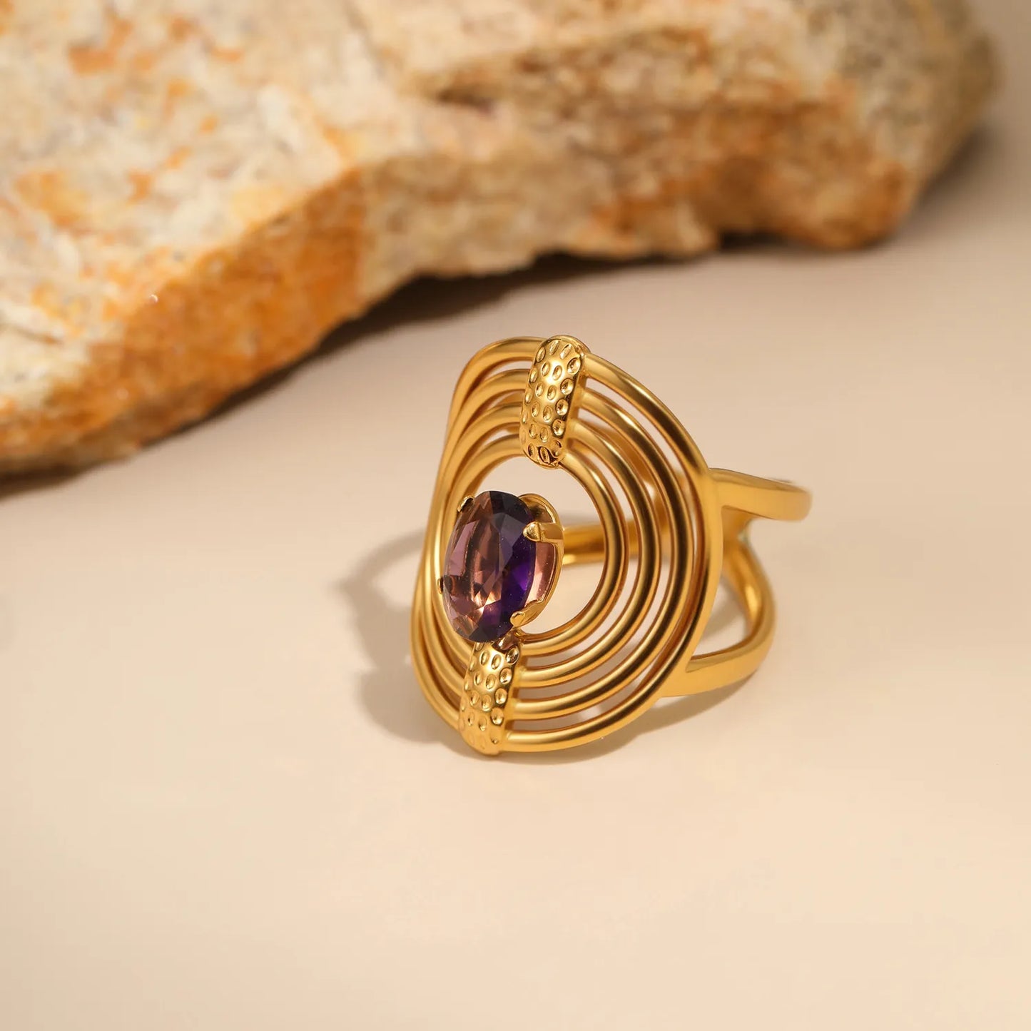 Multi-Layer Spiral Oval Amethyst Open Cuff Statement Ring | 8mm Oval Purple Crystal Center Stone | US Size 7 Base Adjustable Wrap Ring