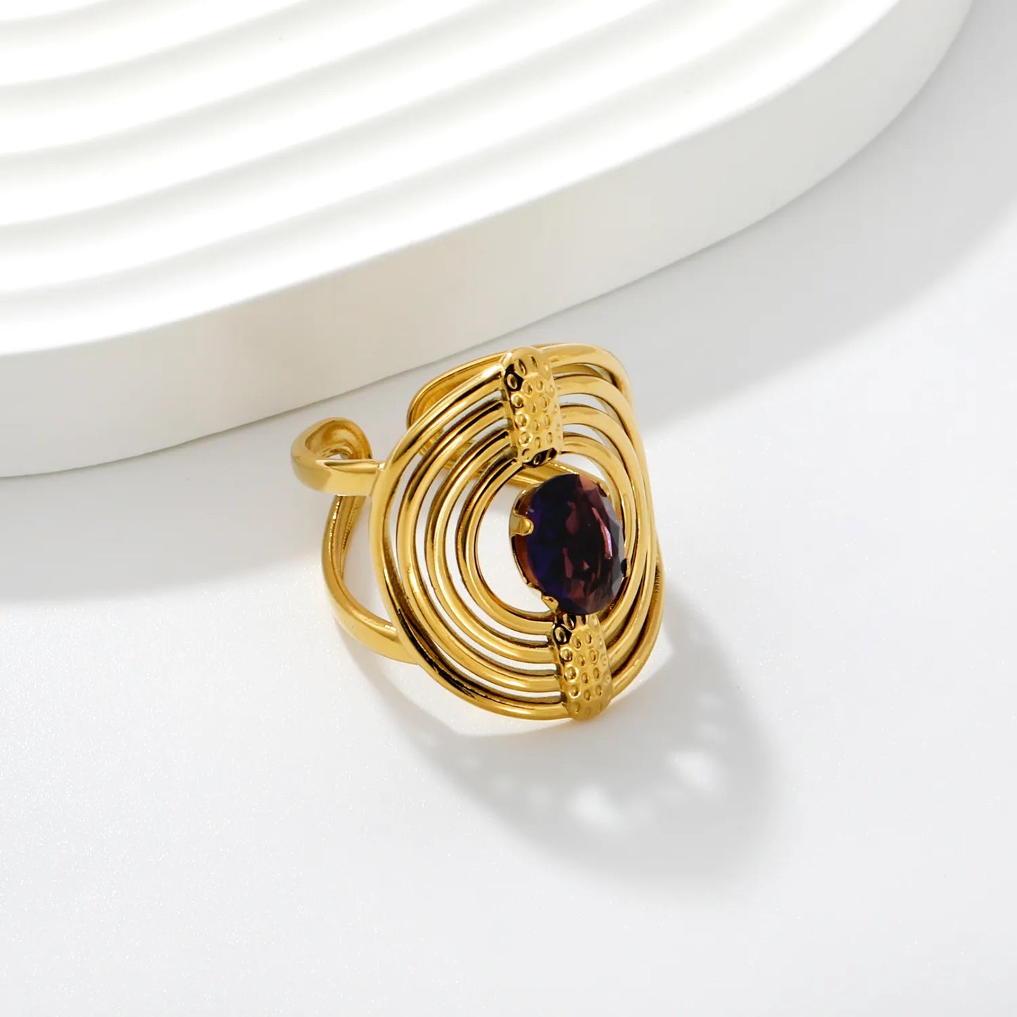 Multi-Layer Spiral Oval Amethyst Open Cuff Statement Ring | 8mm Oval Purple Crystal Center Stone | US Size 7 Base Adjustable Wrap Ring