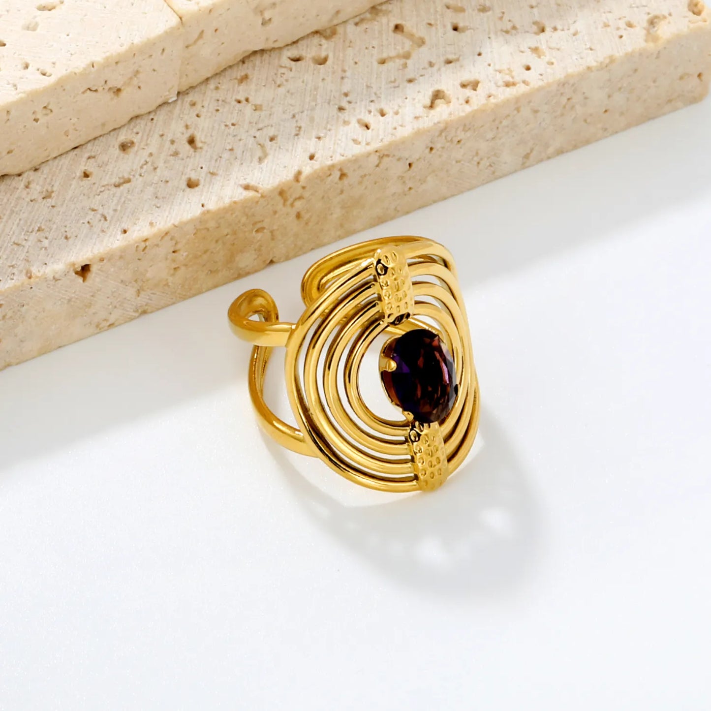 Multi-Layer Spiral Oval Amethyst Open Cuff Statement Ring | 8mm Oval Purple Crystal Center Stone | US Size 7 Base Adjustable Wrap Ring