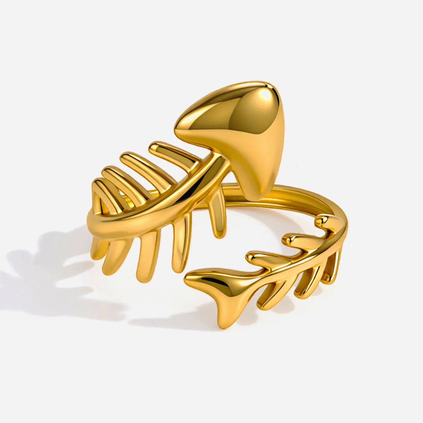 Open Adjustable Fish Bone Wrap Ring |  US Size 7 | 18K Gold Plated Hypoallergenic Stainless Steel Minimalist Stackable Finger Ring Wholesale