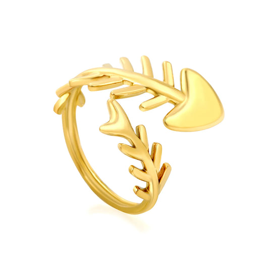 Open Adjustable Fish Bone Wrap Ring |  US Size 7 | 18K Gold Plated Hypoallergenic Stainless Steel Minimalist Stackable Finger Ring Wholesale