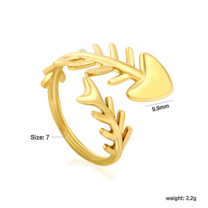 Open Adjustable Fish Bone Wrap Ring |  US Size 7 | 18K Gold Plated Hypoallergenic Stainless Steel Minimalist Stackable Finger Ring Wholesale