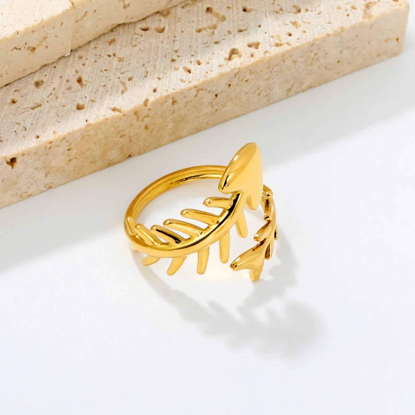 Open Adjustable Fish Bone Wrap Ring |  US Size 7 | 18K Gold Plated Hypoallergenic Stainless Steel Minimalist Stackable Finger Ring Wholesale