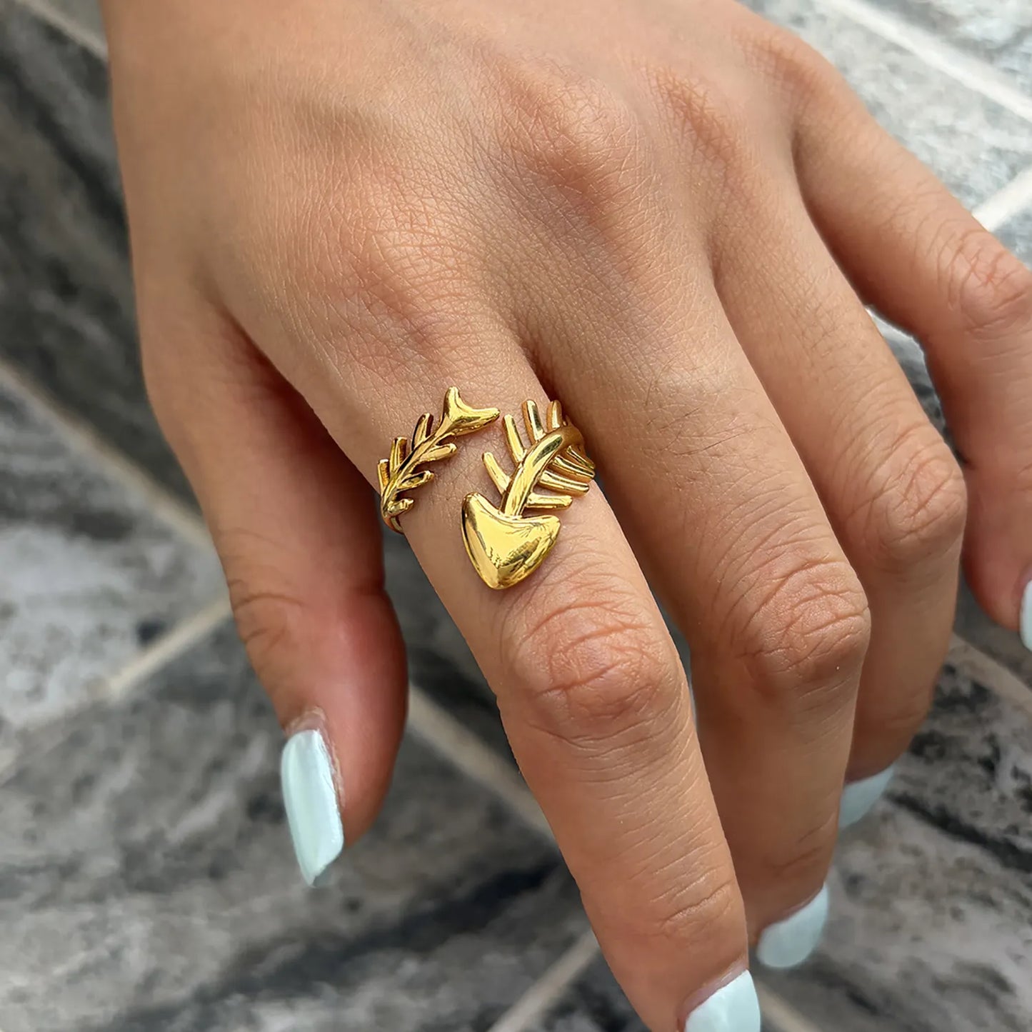 Open Adjustable Fish Bone Wrap Ring |  US Size 7 | 18K Gold Plated Hypoallergenic Stainless Steel Minimalist Stackable Finger Ring Wholesale