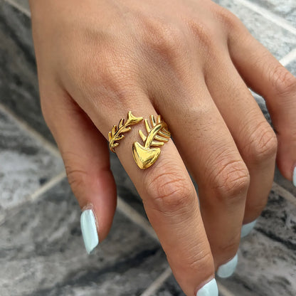 Open Adjustable Fish Bone Wrap Ring |  US Size 7 | 18K Gold Plated Hypoallergenic Stainless Steel Minimalist Stackable Finger Ring Wholesale