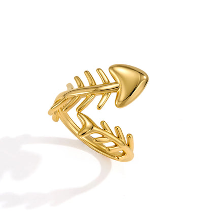 Open Adjustable Fish Bone Wrap Ring |  US Size 7 | 18K Gold Plated Hypoallergenic Stainless Steel Minimalist Stackable Finger Ring Wholesale