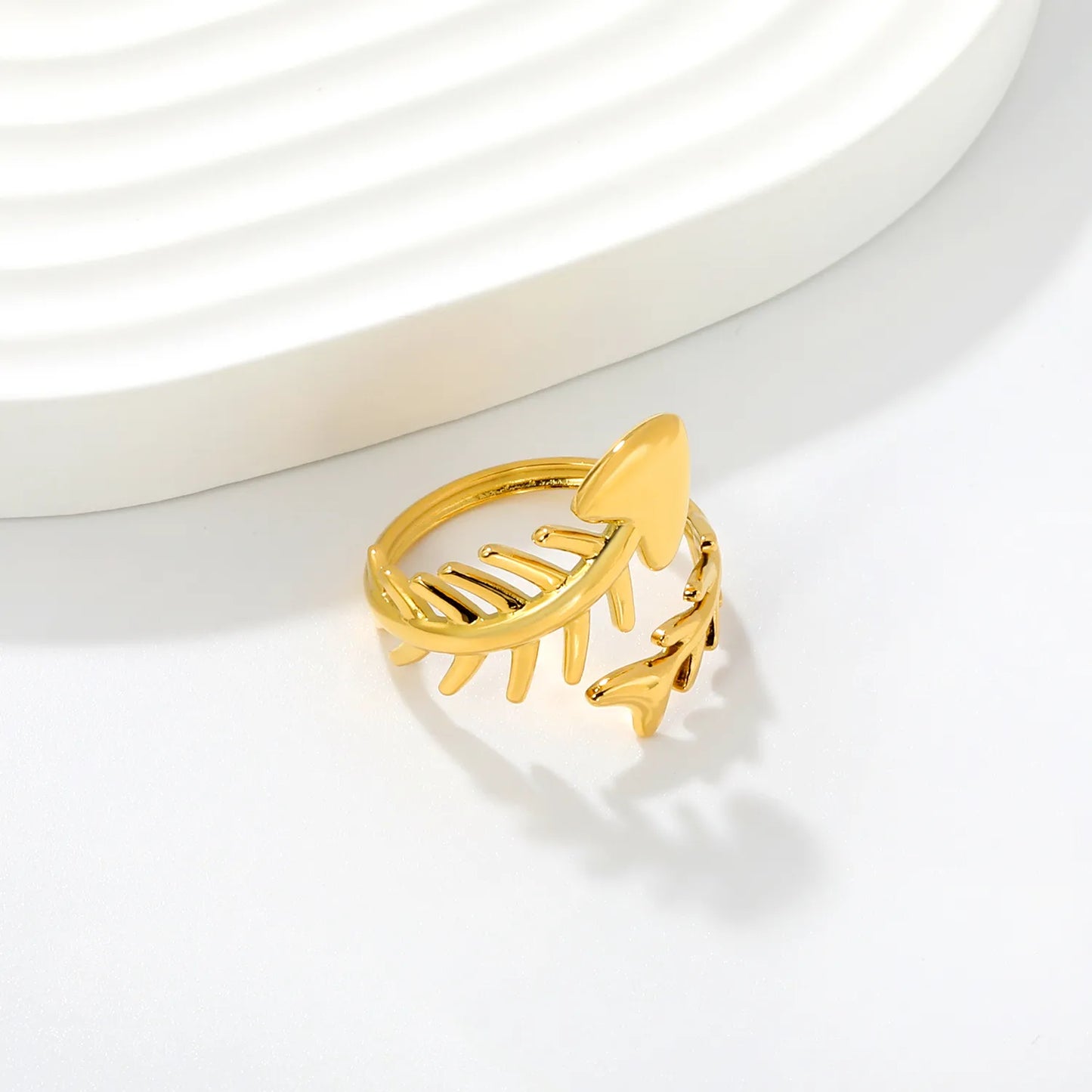 Open Adjustable Fish Bone Wrap Ring |  US Size 7 | 18K Gold Plated Hypoallergenic Stainless Steel Minimalist Stackable Finger Ring Wholesale