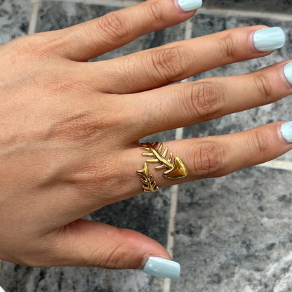 Open Adjustable Fish Bone Wrap Ring |  US Size 7 | 18K Gold Plated Hypoallergenic Stainless Steel Minimalist Stackable Finger Ring Wholesale