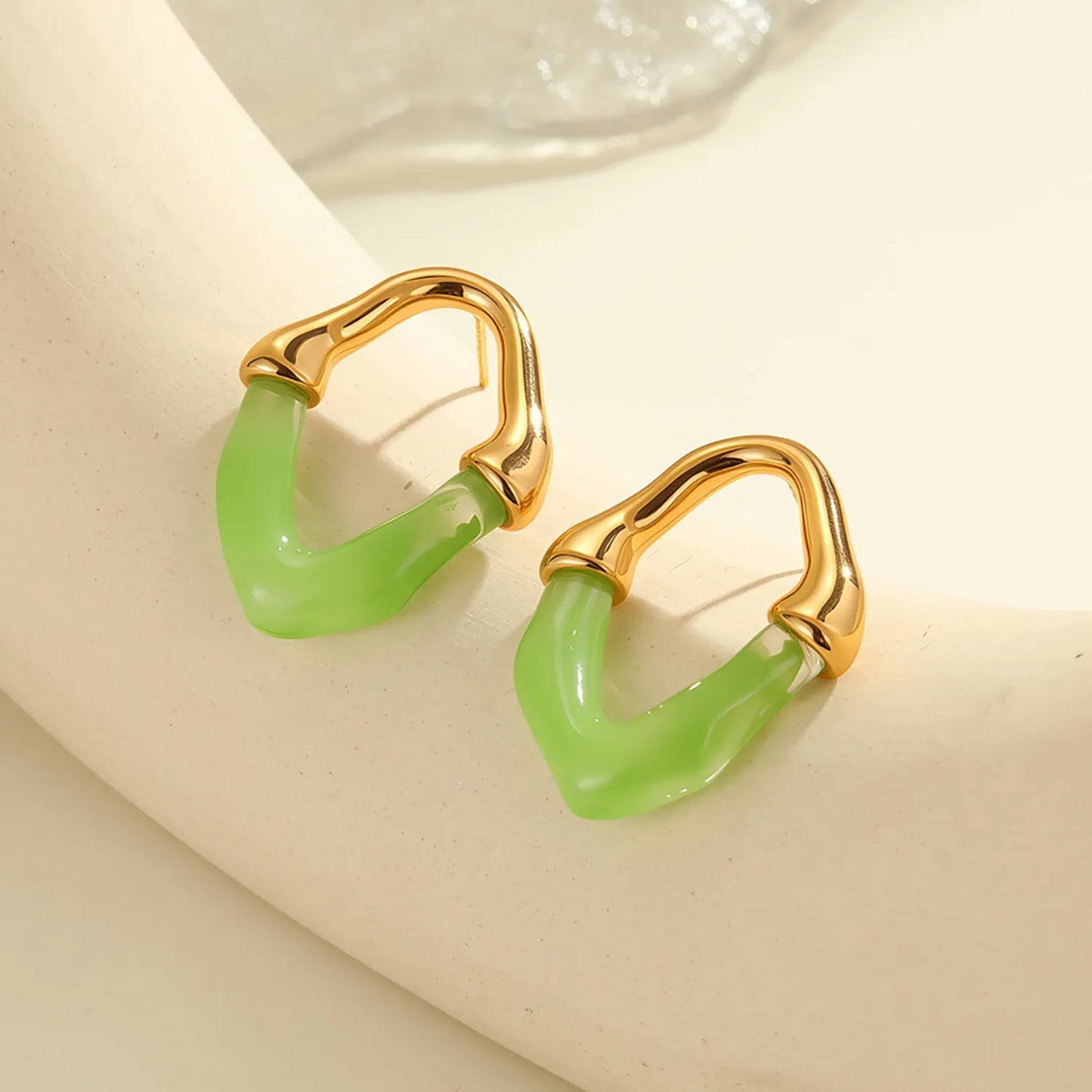 Colorful Translucent Statement Two-Tone Resin Irregular Hoop Earrings | 18K Gold Plated Hypoallergenic Stainless Steel