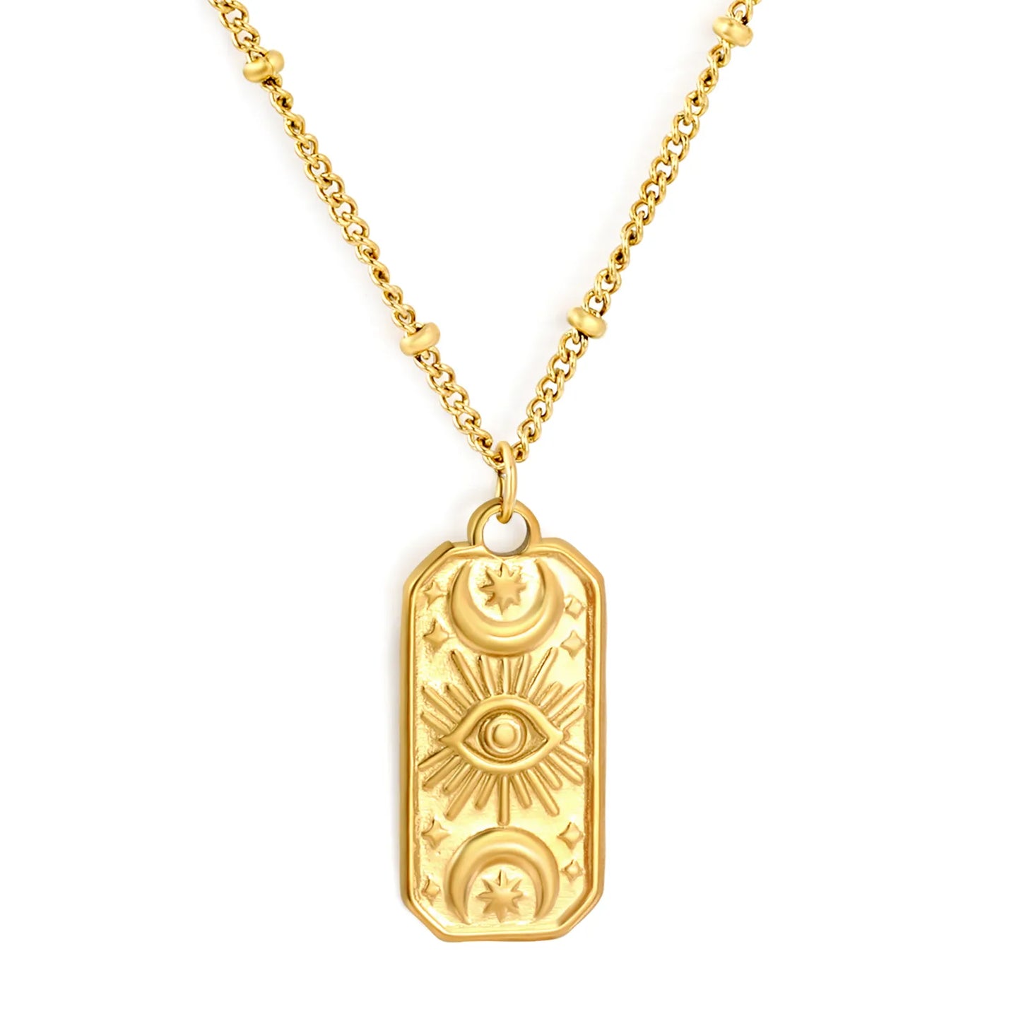 Mystical Witchy Boho Vintage Tarot Evil Eye Dog Tag Pendant Beaded Rolo Chain Necklace | Gold & Silve