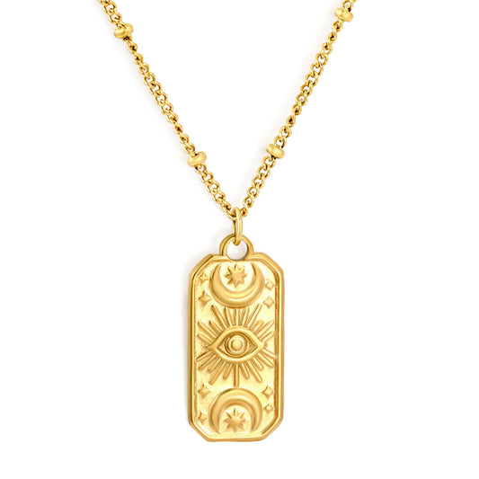 Mystical Witchy Boho Vintage Tarot Evil Eye Dog Tag Pendant Beaded Rolo Chain Necklace | Gold & Silve