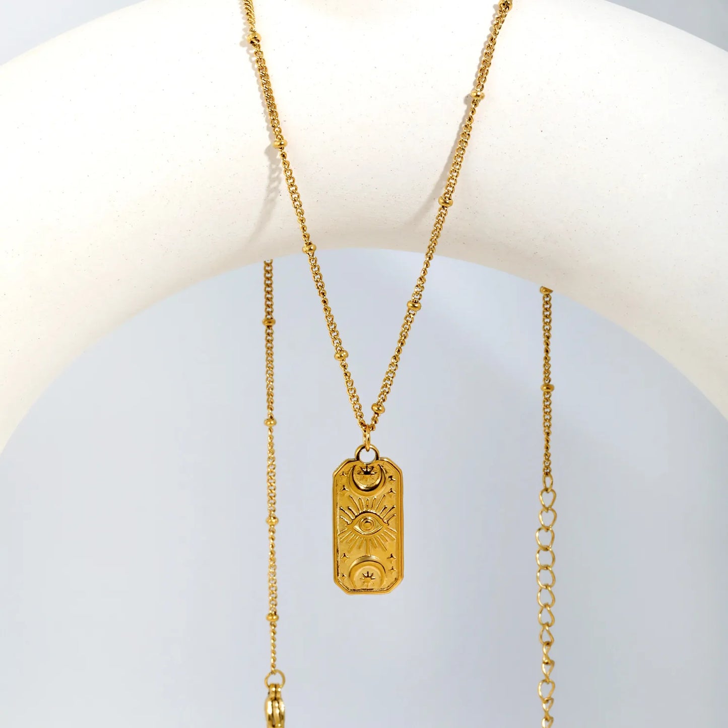 Mystical Witchy Boho Vintage Tarot Evil Eye Dog Tag Pendant Beaded Rolo Chain Necklace | Gold & Silve