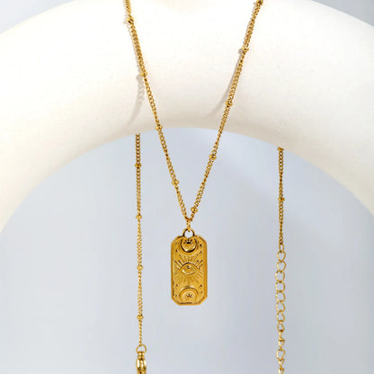 Mystical Witchy Boho Vintage Tarot Evil Eye Dog Tag Pendant Beaded Rolo Chain Necklace | Gold & Silve