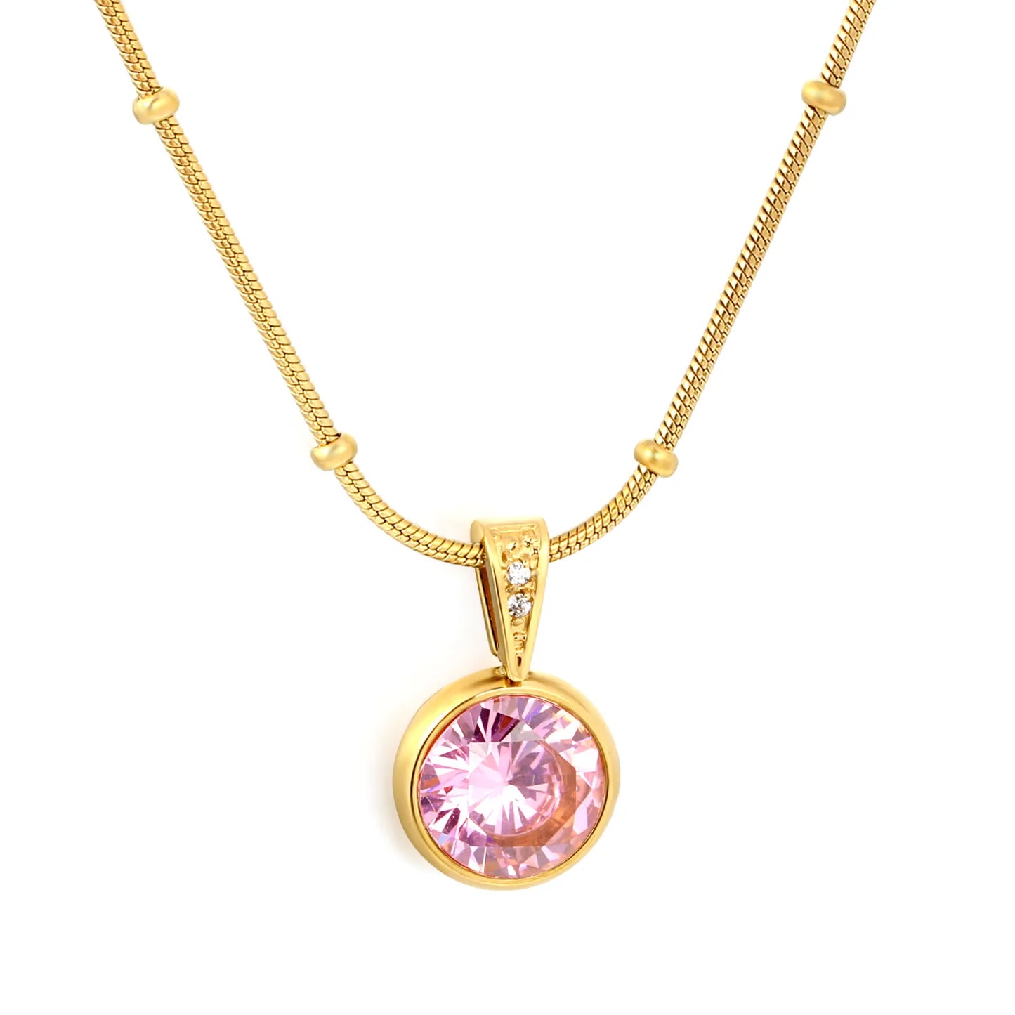 Elegant Dainty Birthstone Round Crystal Pendant Necklace with Beaded Flat Snake Chain | 4 Color Gemstone Options |