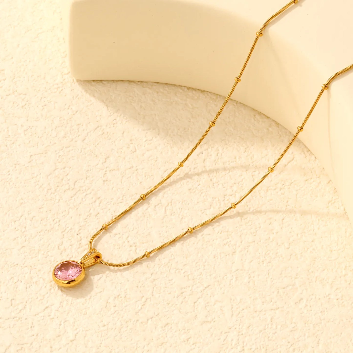 Elegant Dainty Birthstone Round Crystal Pendant Necklace with Beaded Flat Snake Chain | 4 Color Gemstone Options |