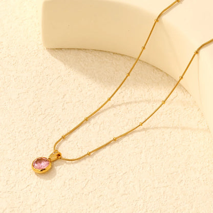 Elegant Dainty Birthstone Round Crystal Pendant Necklace with Beaded Flat Snake Chain | 4 Color Gemstone Options |
