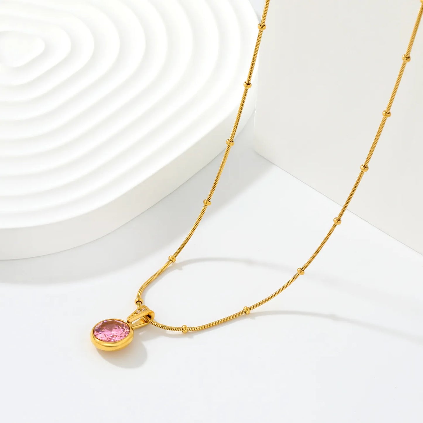 Elegant Dainty Birthstone Round Crystal Pendant Necklace with Beaded Flat Snake Chain | 4 Color Gemstone Options |