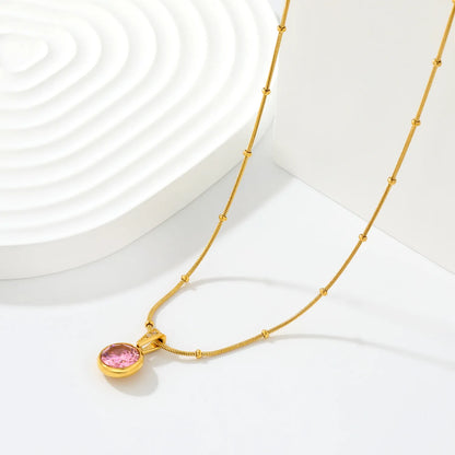 Elegant Dainty Birthstone Round Crystal Pendant Necklace with Beaded Flat Snake Chain | 4 Color Gemstone Options |