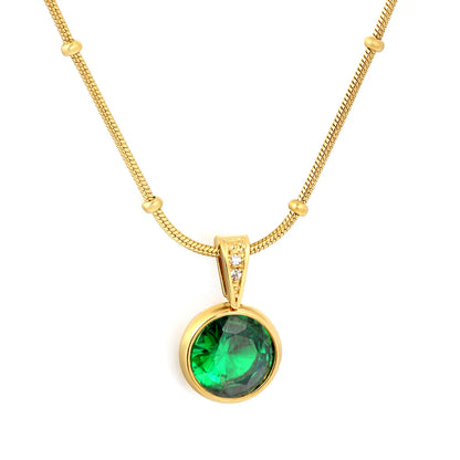 Elegant Dainty Birthstone Round Crystal Pendant Necklace with Beaded Flat Snake Chain | 4 Color Gemstone Options |