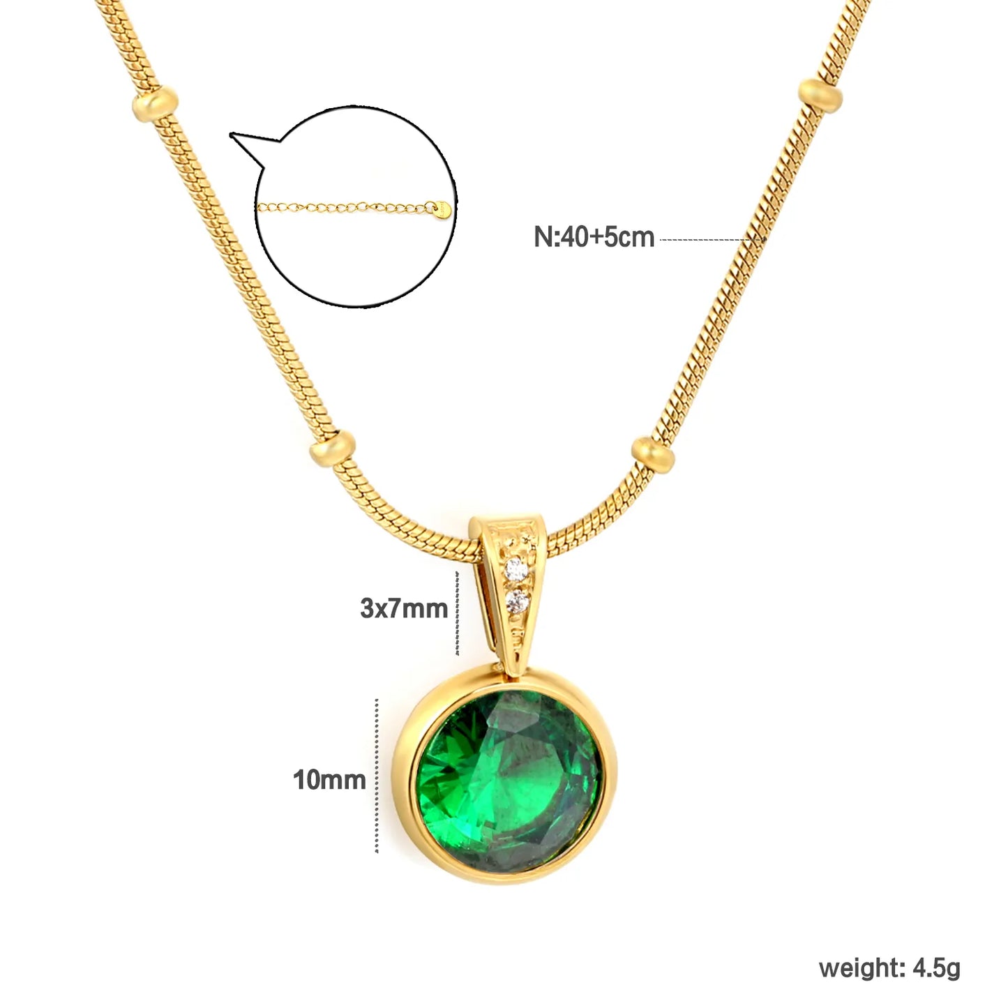 Elegant Dainty Birthstone Round Crystal Pendant Necklace with Beaded Flat Snake Chain | 4 Color Gemstone Options |