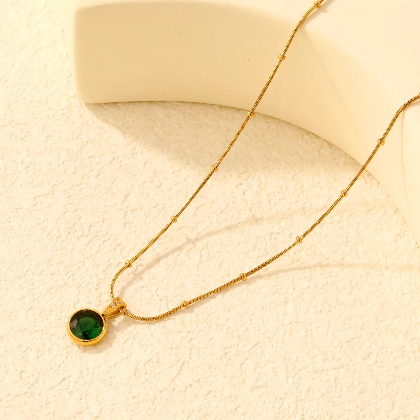 Elegant Dainty Birthstone Round Crystal Pendant Necklace with Beaded Flat Snake Chain | 4 Color Gemstone Options |