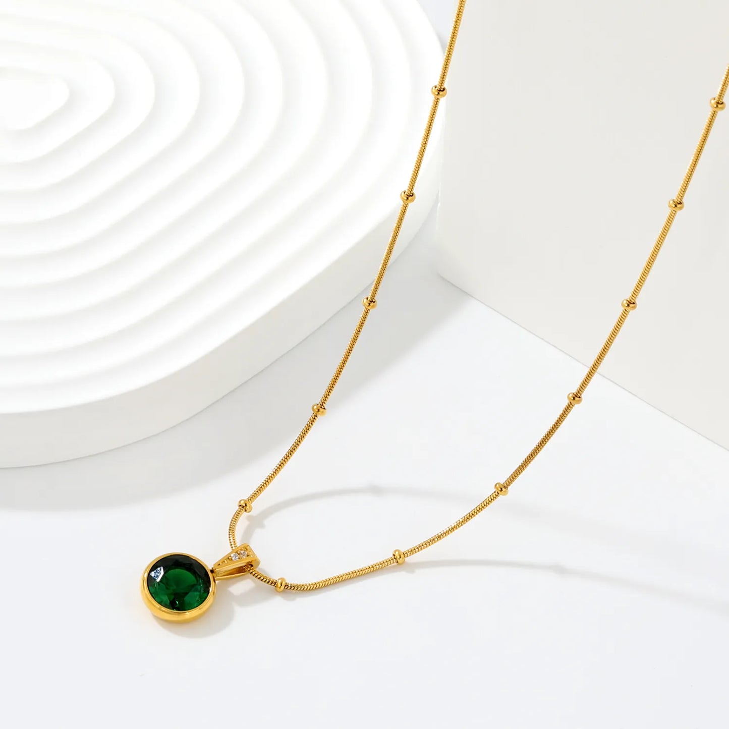 Elegant Dainty Birthstone Round Crystal Pendant Necklace with Beaded Flat Snake Chain | 4 Color Gemstone Options |