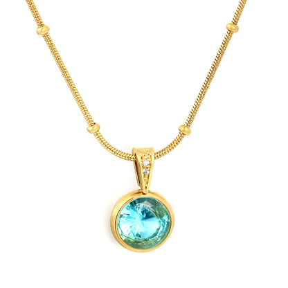 Elegant Dainty Birthstone Round Crystal Pendant Necklace with Beaded Flat Snake Chain | 4 Color Gemstone Options |